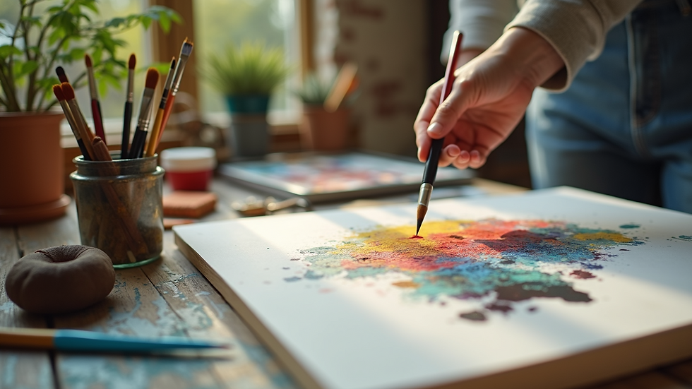 Close-up view of an art workshop setup with paints, brushes, and natural elements