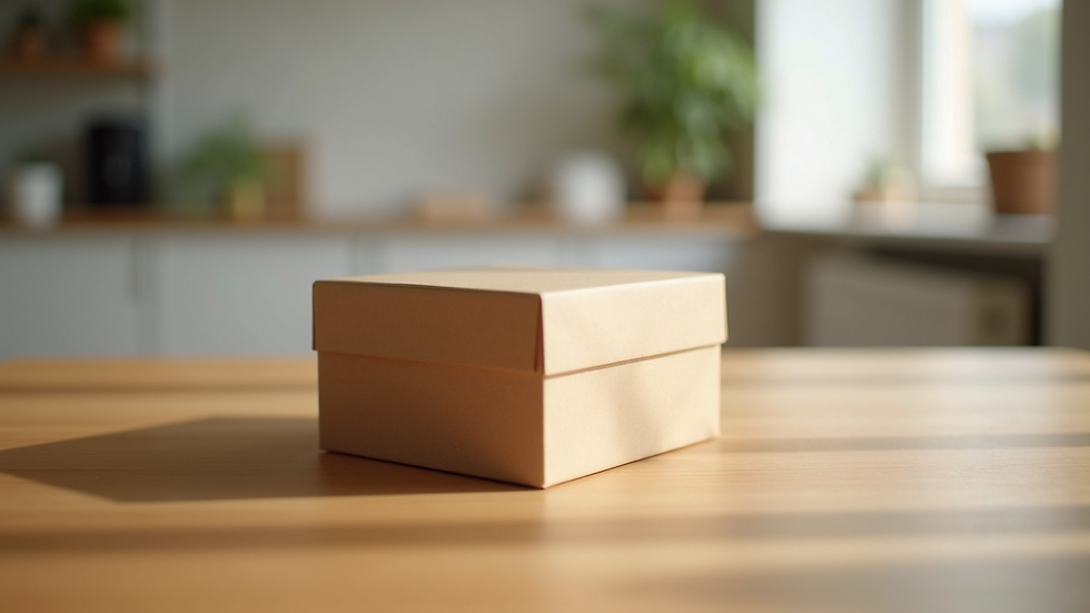 Eye-level view of a minimalist, reusable packaging box on a wooden table