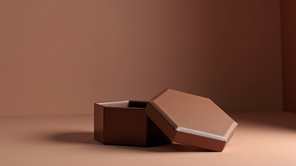Eye-level view of custom-shaped hexagonal chocolate box