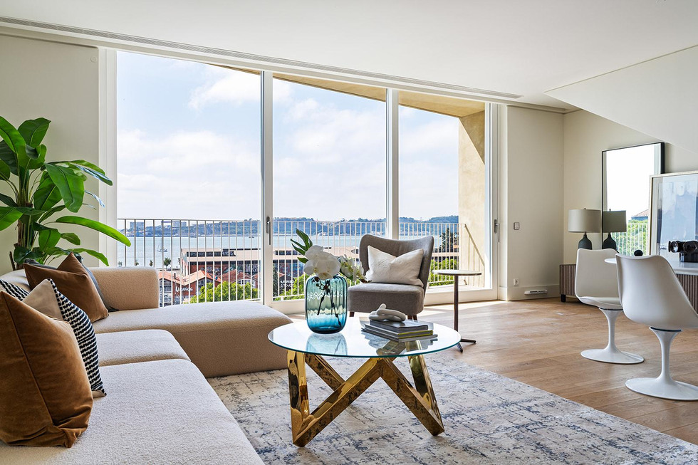 Luxury living room with river view over the Tejo and contemporary décor