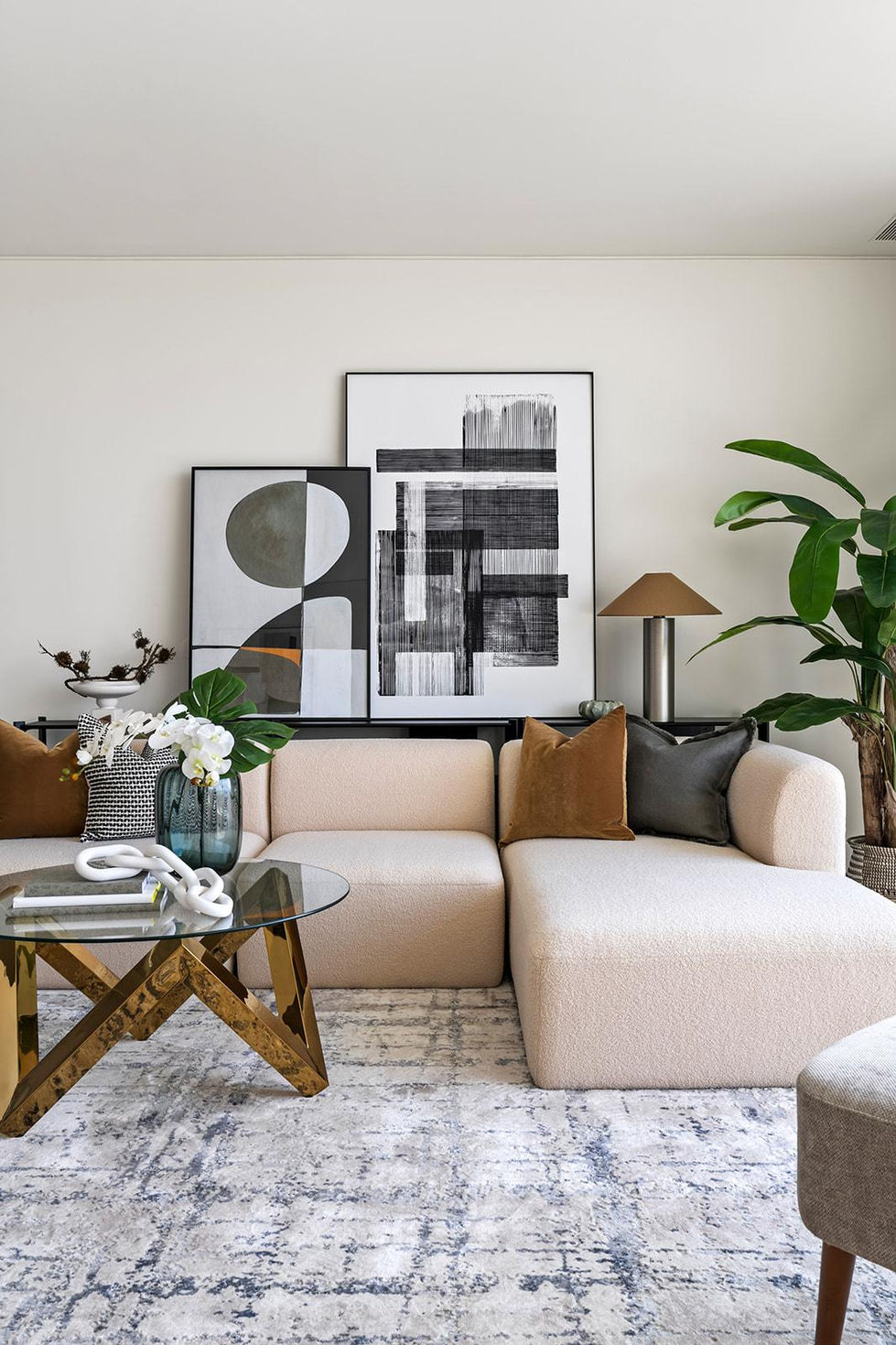 Luxury urban living room with contemporary furniture and neutral styling