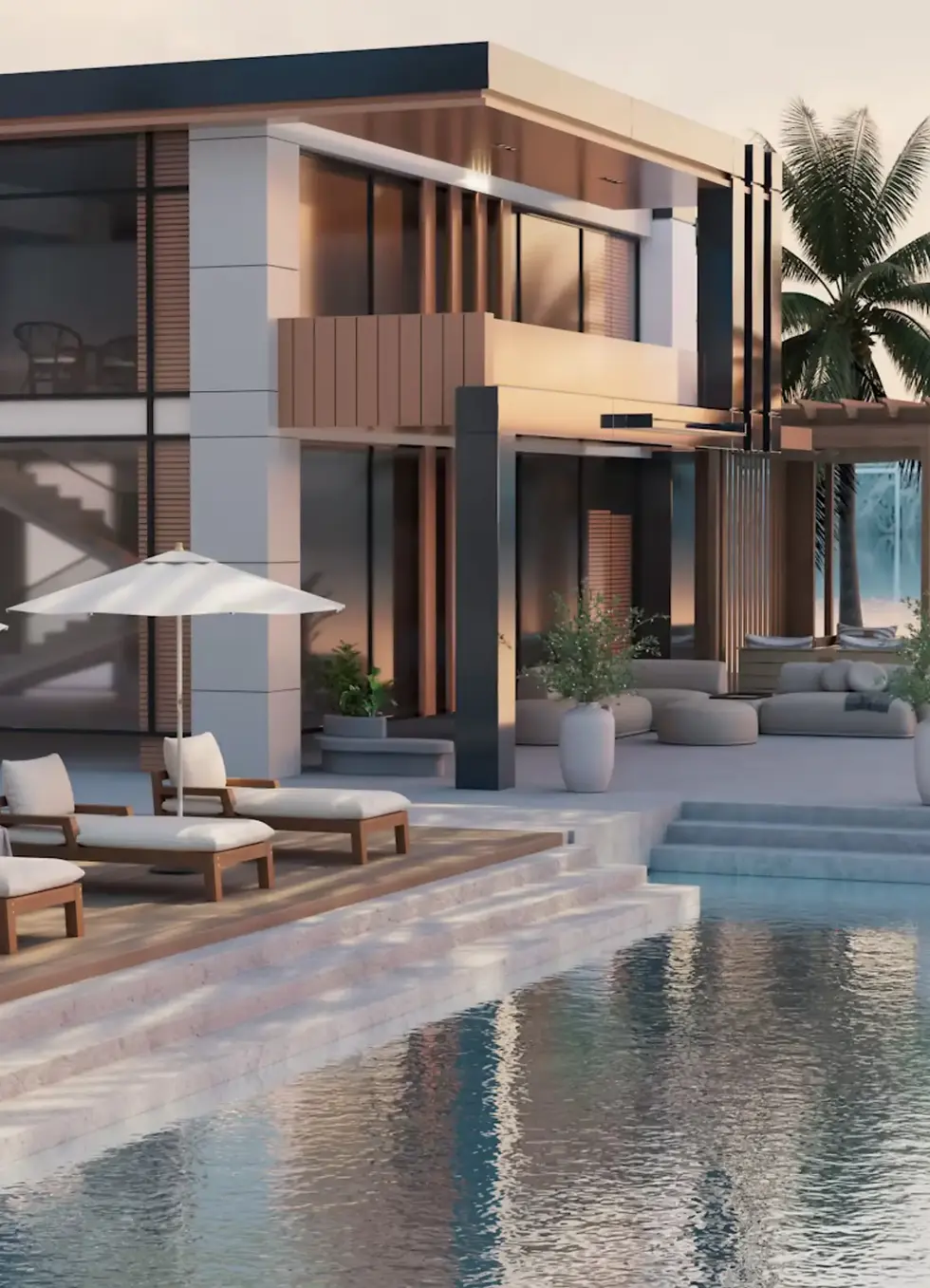 Modern villa with a pool, lounge chairs, and umbrella. Palm trees and soft lighting create a serene, luxurious atmosphere at sunset.