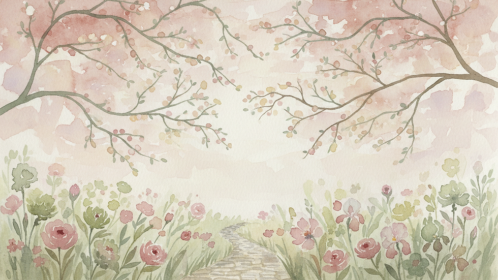 Eye-level view of watercolor painting with textured sky and delicate tree branches