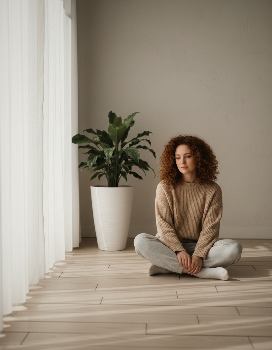 Woman sitting on floor looking reflective during therapy session