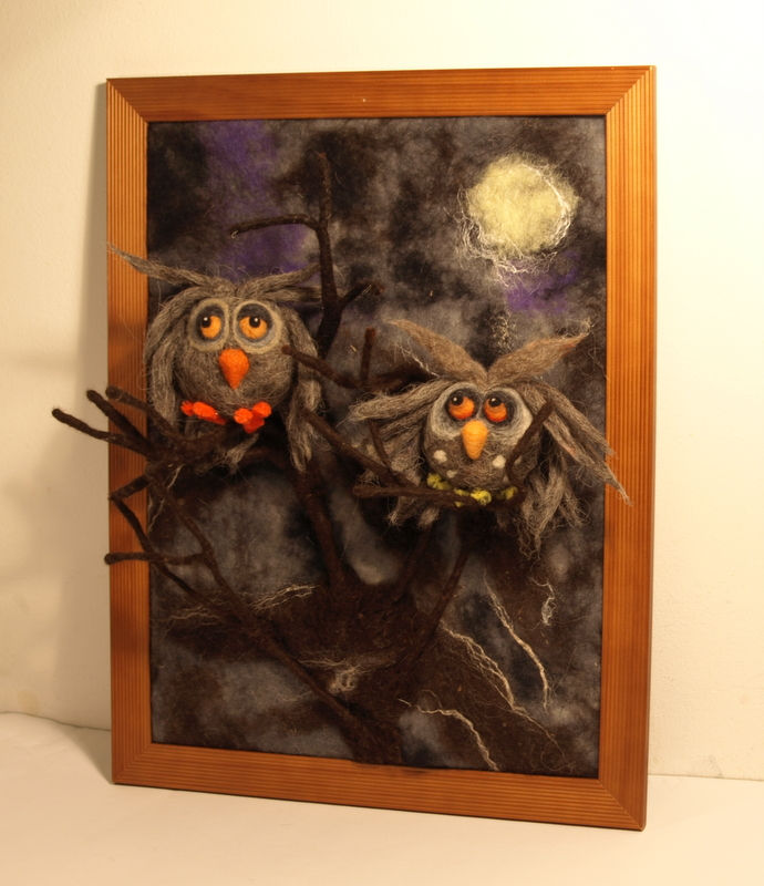 Thumbnail: Framed 2 needle felted owls