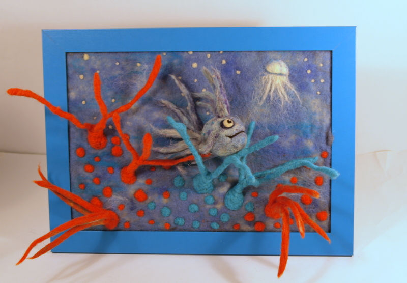 Thumbnail: Framed needle felted fish with jellyfish