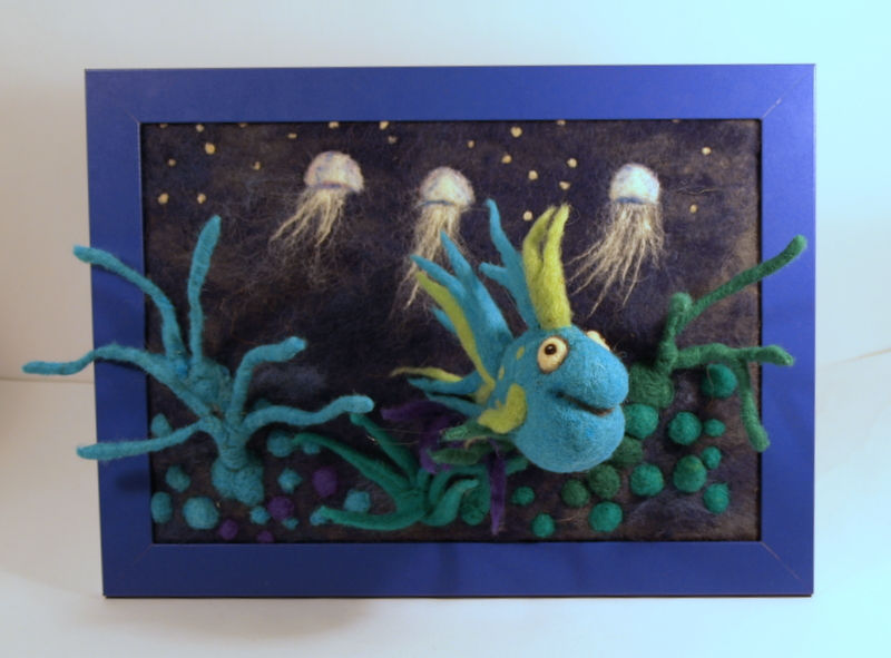 Thumbnail: Framed needle felted blue fish with jellyfish