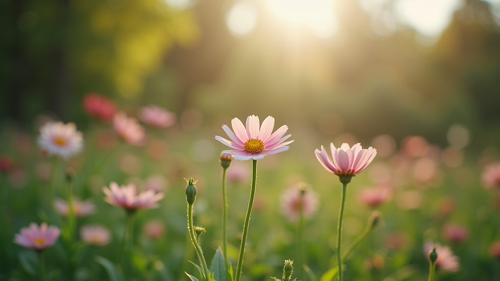 Eye-level view of a serene garden with blooming flowers