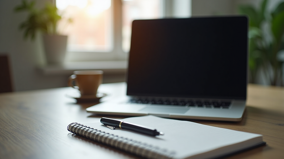 Eye-level view of a laptop and notebook on a desk for remote coaching