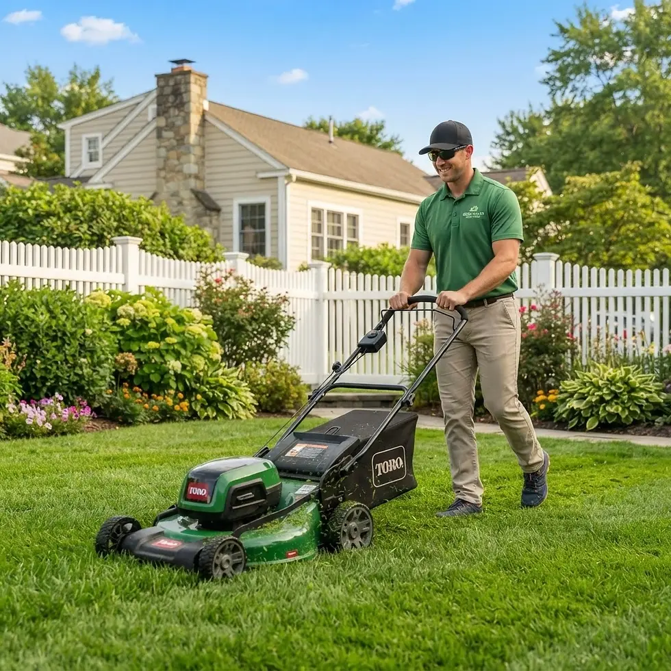 Outdoor photography of a man mowing a lush green lawn on a sunny day. The scene takes place in a suburban setting with a charming house and white picket fence.
