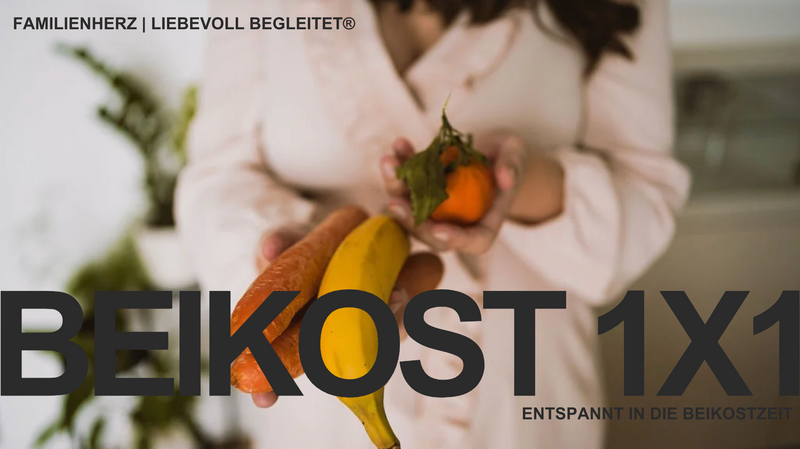 Header für Beikostkurs: Titel und im Hintergrund eine Frau die Obst in der Hand hält