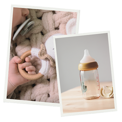 Zwei sich überlappende Bilder von einer Babyhand mit Rassel und einer Milchflasche