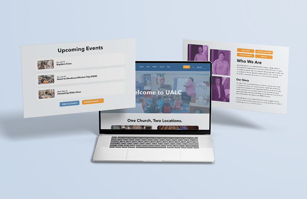 Laptop displaying a church's homepage. Two overlay cards show "Upcoming Events" and "Who We Are" details. Light blue background.