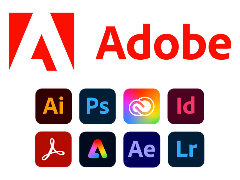 Adobe logo with various software icons. Adobe, Ai, Ps, Id, Lr, Ae, and cloud.