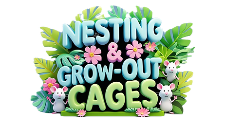 5d Word art that is cute and says _Nesting & Grow-Out Cages_ with tropical leaves, cartoon