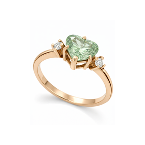 Anello con diamante verde a cuore e brillanti, gioielleria moderna artigianale.