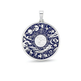Pendente rotondo in argento con incisione dei segni zodiacali e smalto blu scuro