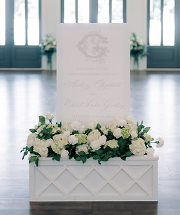 Welcome sign in floral box with elegant white florals.