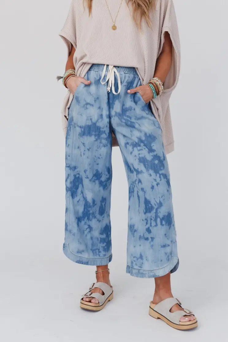 Thumbnail: So Comfy Wide Leg Cropped Pant - Bleach Dye Denim