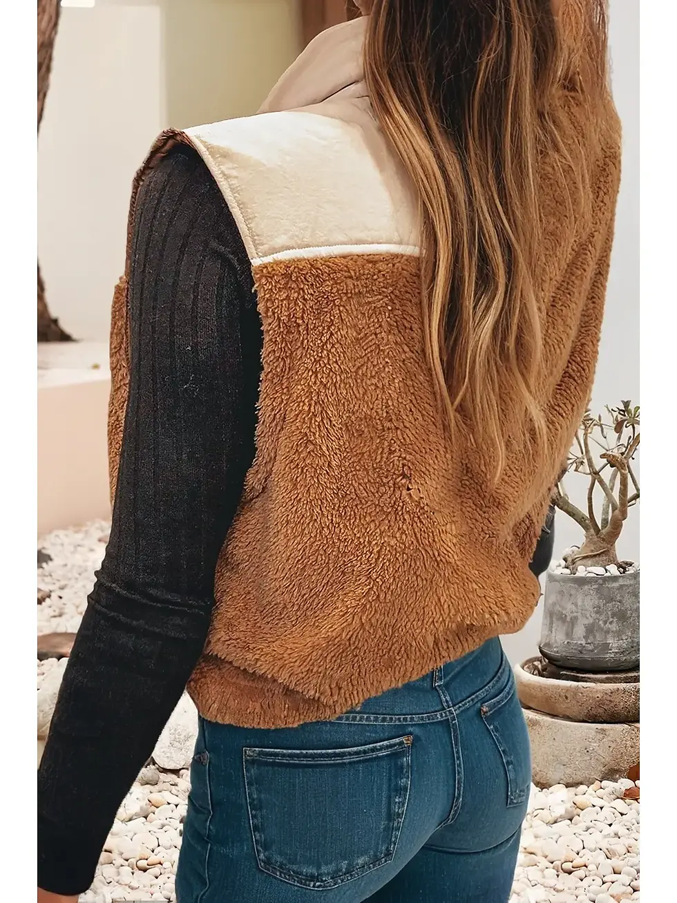 Thumbnail: Color Block Plush Patchwork Zipper Stand Neck Vest