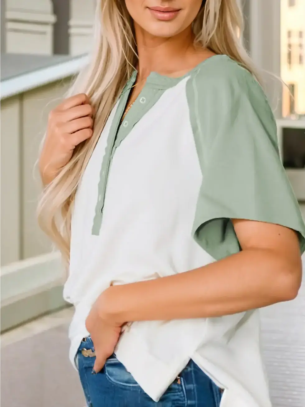 Thumbnail: Clearly Aqua Colorblock Raglan Half Buttons High Low T Shirt