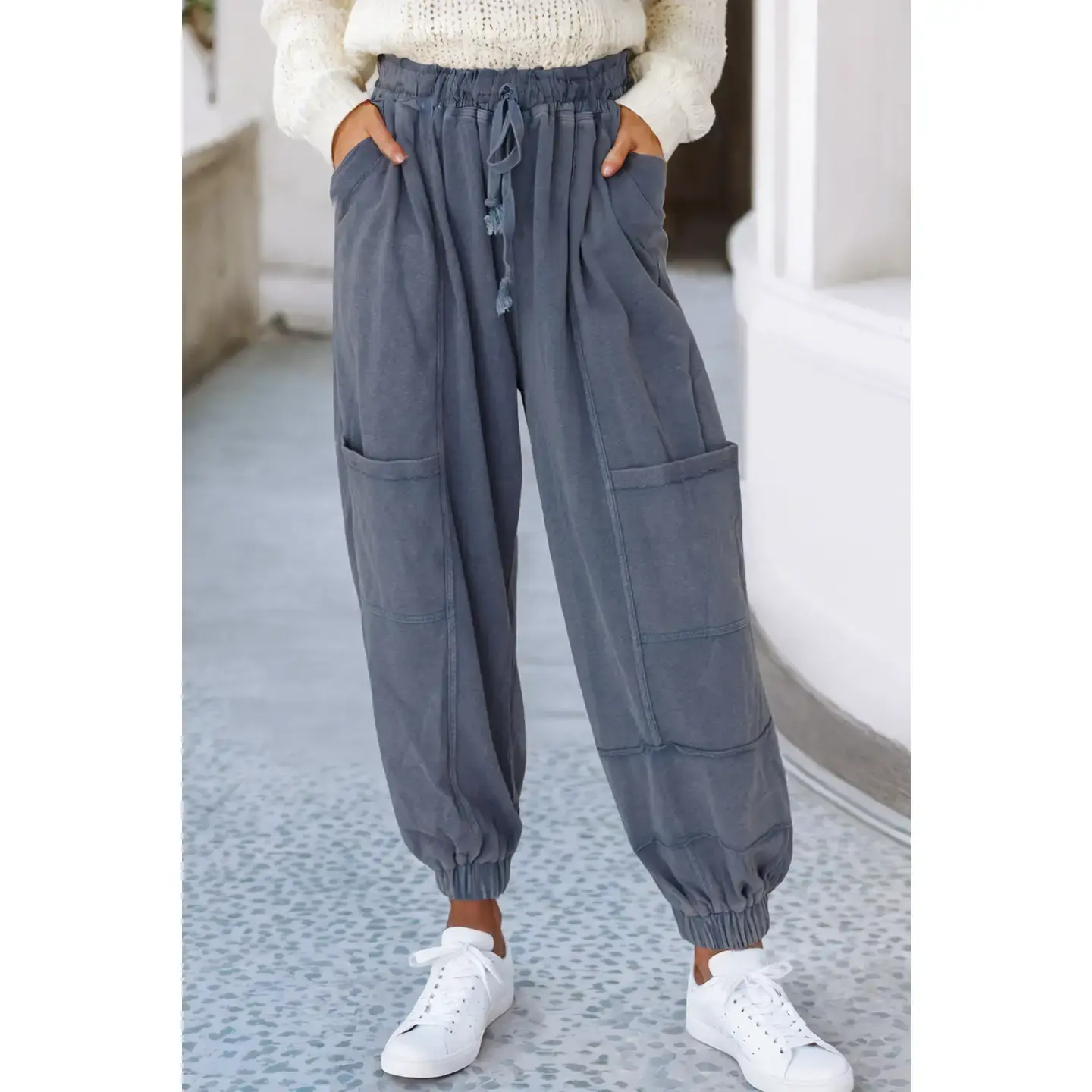 Mineral Wash Multi Pockets Lace-Up Waist Harem Pant