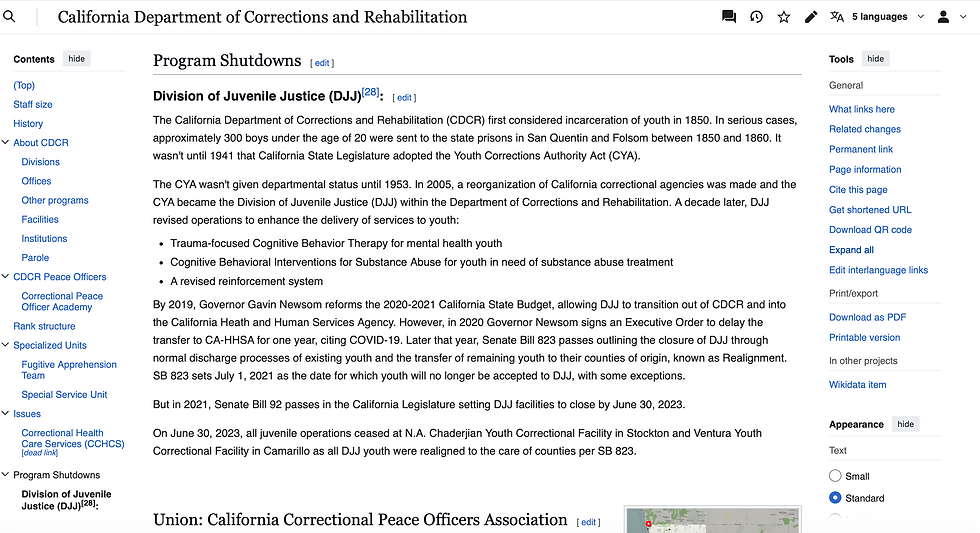 A screenshot of the brief history of DJJ leading up to the division's final closure in 2023. 