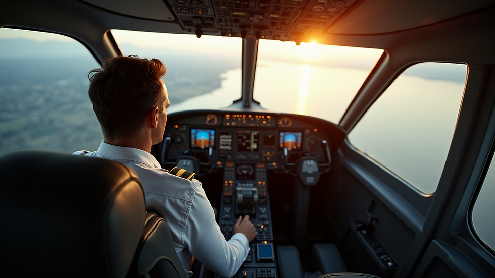 High angle view of an airplane cockpit with pilot preparing for flight