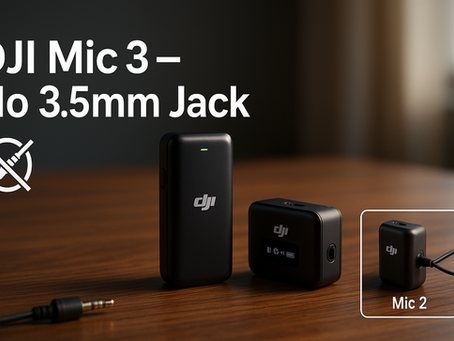 DJI Mic 3 on wooden desk—no 3.5mm jack—with inset showing DJI Mic 2 using a lavalier mic.