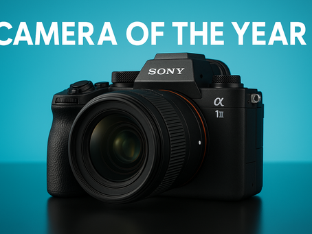 Sony a1 II mirrorless camera—“Camera of the Year”—close-up product shot on teal background for blog thumbnail.