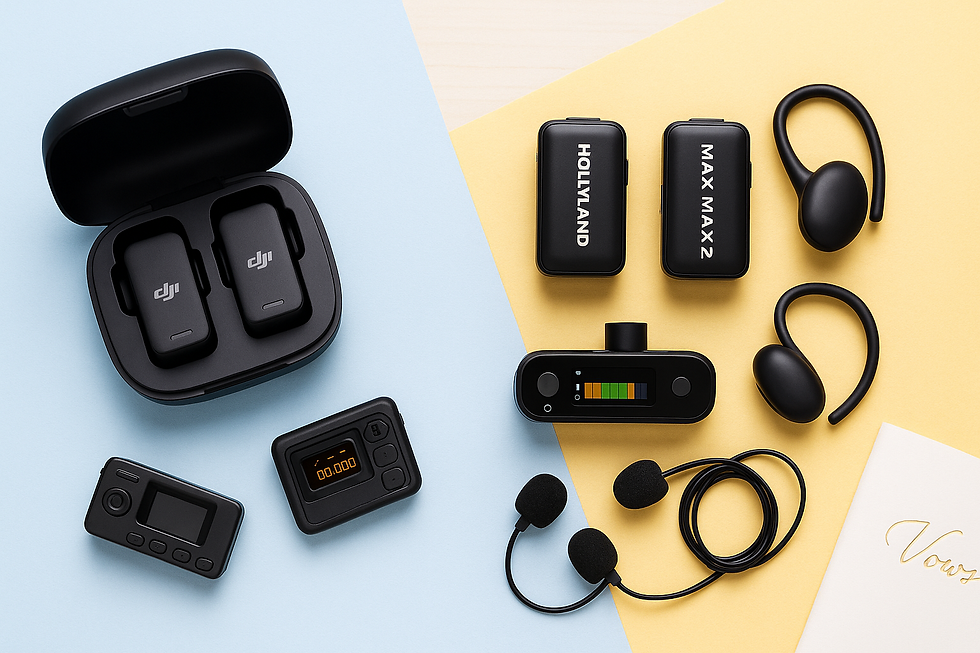 Flat lay: DJI Mic 3 open case with two transmitters vs Hollyland LARK MAX 2 Ultimate Combo with two TX, OLED receiver, lav mics, and OWS ear monitors on split blue/yellow background.