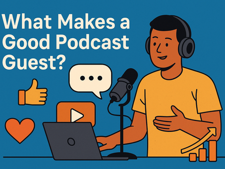 Colorful illustration of a podcast guest with headphones and a microphone, surrounded by icons symbolizing the qualities of a good podcast guest like storytelling, engagement, and audience value