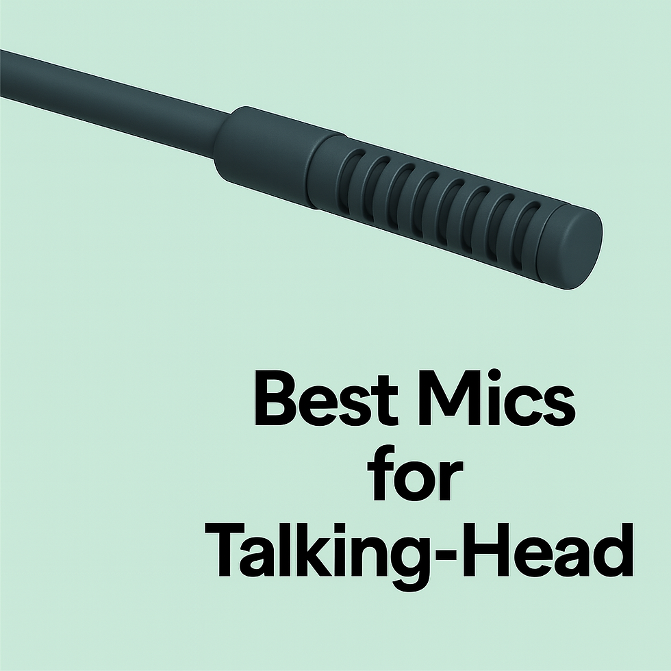 Best mics for talking head — dark teal shotgun microphone on mint background with black title text.