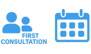 Blue icon of two people labeled “First Consultation” next to a blue calendar icon on a black background