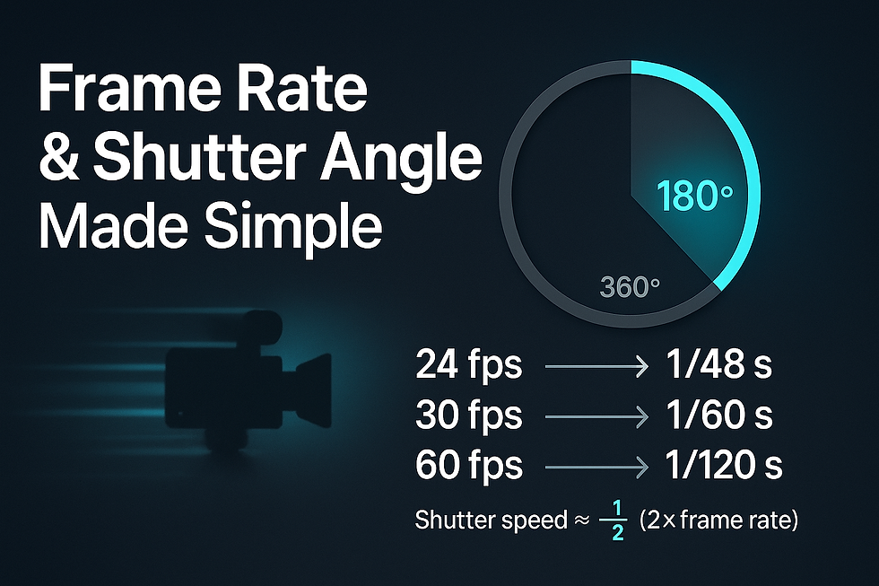 Dark teal infographic titled ‘Frame Rate & Shutter Angle Made Simple’ with a 180° shutter dial, camera silhouette with motion trails, and chart: 24 fps = 1/48 s, 30 fps = 1/60 s, 60 fps = 1/120 s. Rule: shutter ≈ 1/(2 × frame rate).