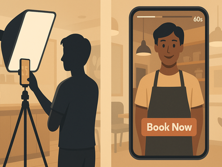 Split illustration of a local shop owner filming a 60-second promo under a softbox; on the right, the finished vertical video on a phone with a “Book Now” button.