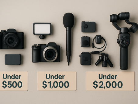 Realistic flat-lay of starter camera setups grouped under $500, $1,000, and $2,000 with cameras, mics, lights, and accessories.