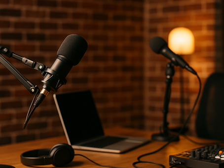 Professional podcast studio setup with microphones, laptop, headphones, and mixer on a wooden table in front of a brick wall, softly lit by a lamp.