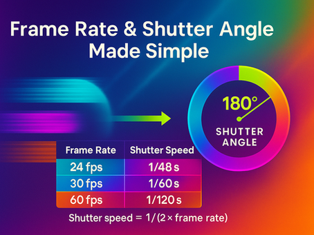 Vibrant infographic titled ‘Frame Rate & Shutter Angle Made Simple’ showing a 180° shutter dial and table: 24 fps = 1/48 s, 30 fps = 1/60 s, 60 fps = 1/120 s, with the rule ‘Shutter speed = 1/(2 × frame rate)’