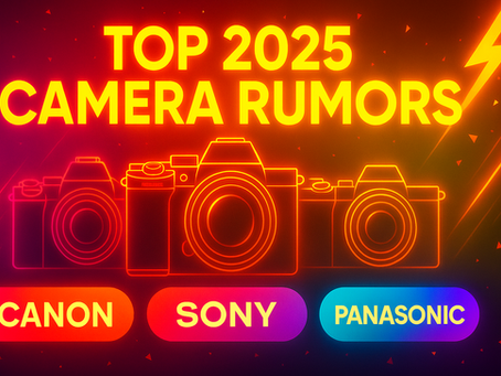 Top 2025 camera rumors thumbnail with neon Canon, Sony, and Panasonic silhouettes on a bright gradient background.