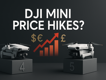 DJI Mini 4 Pro and DJI Mini 5 Pro on pedestals under the headline “DJI MINI PRICE HIKES?” with a rising red chart and $, €, £ symbols on a dark background.