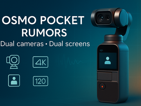 “Compact gimbal camera with a dual-lens head and front screen on a teal gradient background, plus small icons for 4K, 120 fps, and face/subject tracking—noisy title-style text kept minimal