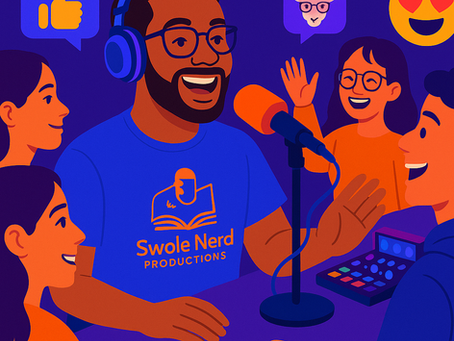 A vibrant digital illustration of an African-American podcaster wearing headphones and speaking into a bright orange mic, surrounded by smiling, diverse fans. They’re interacting joyfully in a studio setting, with colorful speech bubbles showing emojis like thumbs up, heart eyes, and “GOAT,” symbolizing community engagement and connection around the podcast.