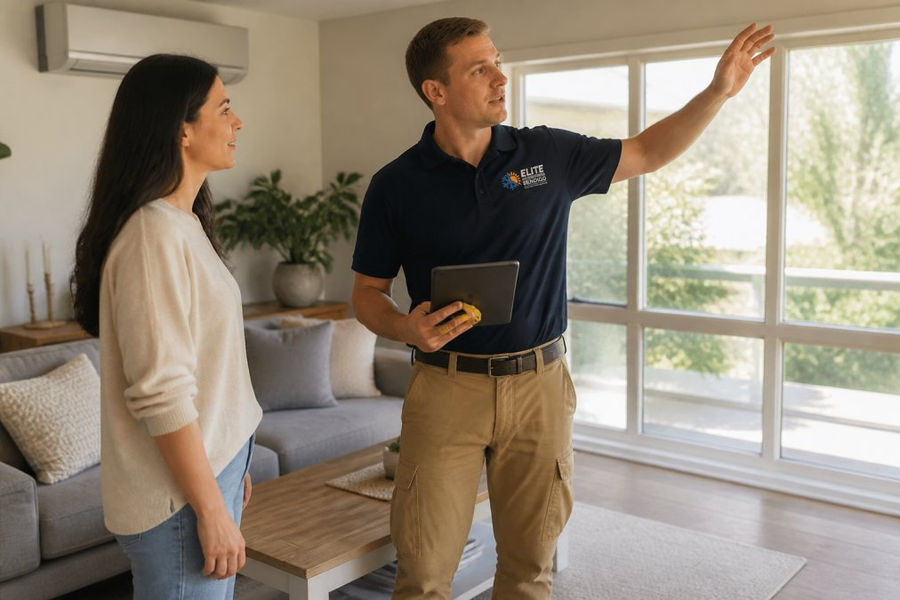 Technician discussing a free air conditioning quote with a homeowner in a bright living room.