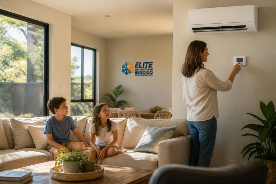 Family relaxing in a living room with a wall-mounted multi-head split systems controller on the wall