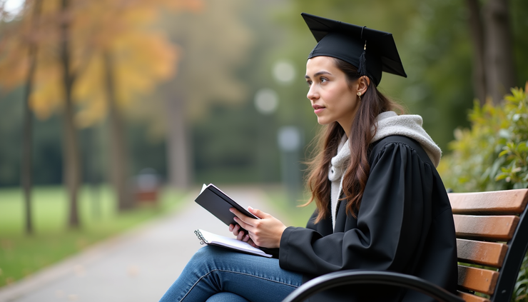 Eye-level view of a young graduate sitting on a bench with a notebook, reflecting on next steps