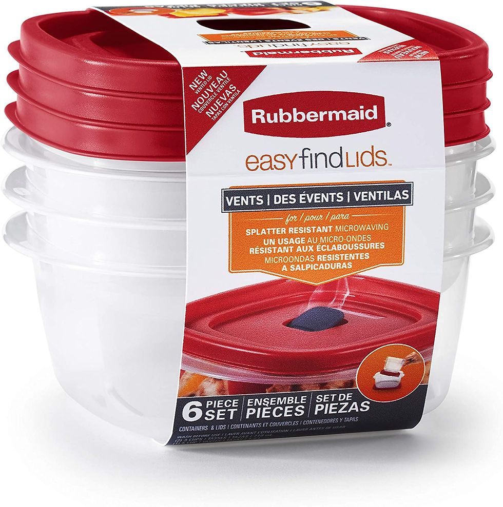 Food storage containers with red lids.