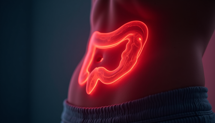 Close-up view of abdominal area illuminated by soft near-infrared light