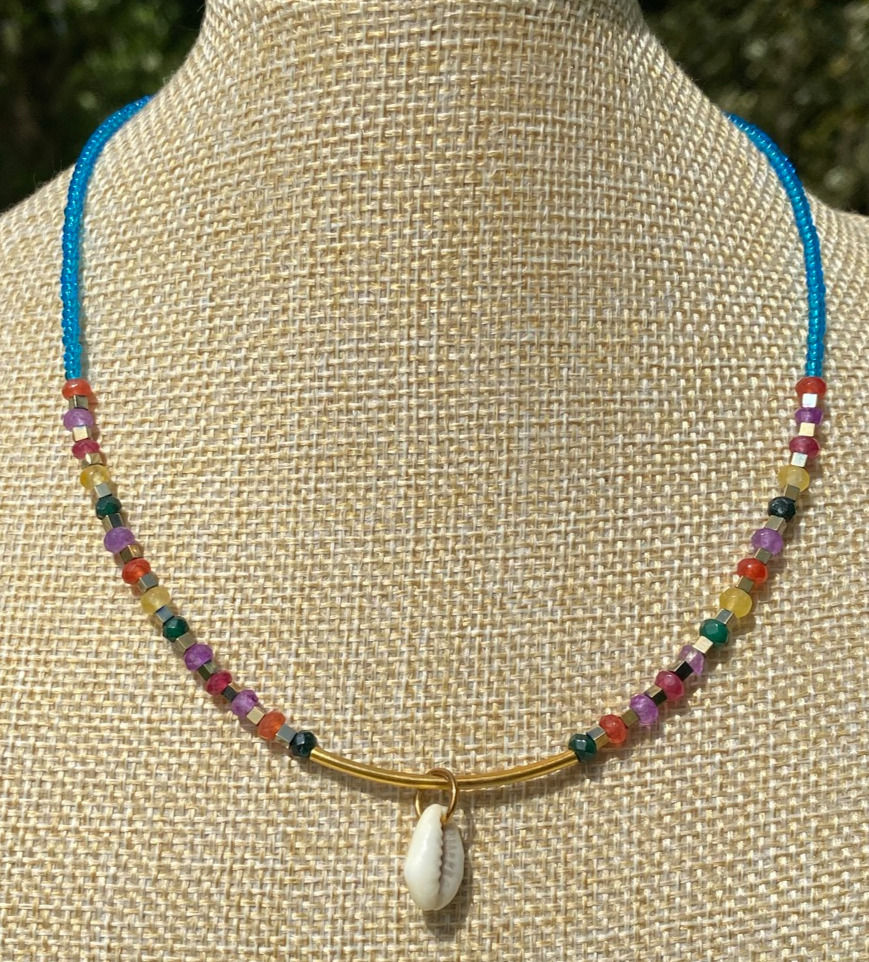 Thumbnail: Mini Gemstone & Seed Bead Chocker with Gold Bar &Macarame Charm