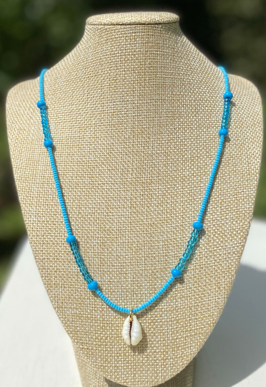 Thumbnail: Blue Seed Bead Necklace with Macarame Charm